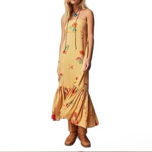 Free People Mustard Floral Strapless Midi Dress